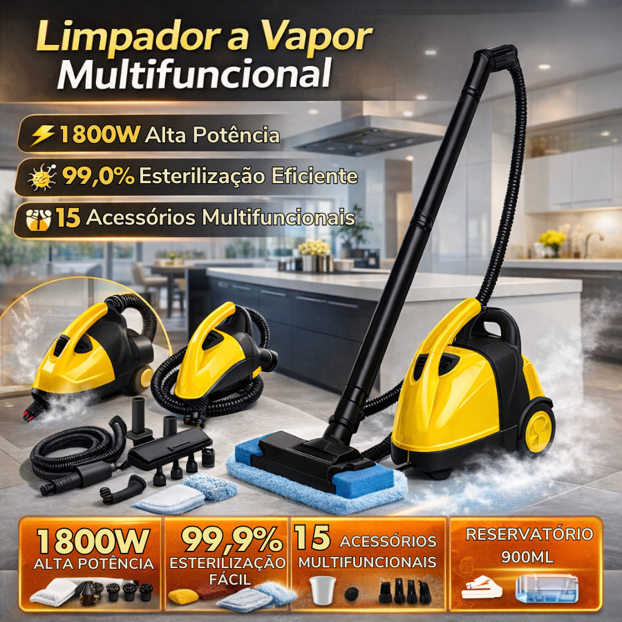 Limpeza a Vapor Potente sem Químicos | Remove Gordura e Bactérias Apenas com Água 1800w