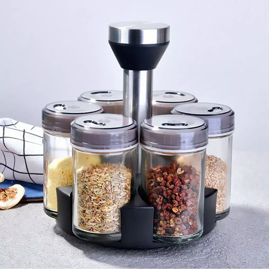 Kit 6 Porta Tempero Condimento Vidro Suporte Giratório Inox