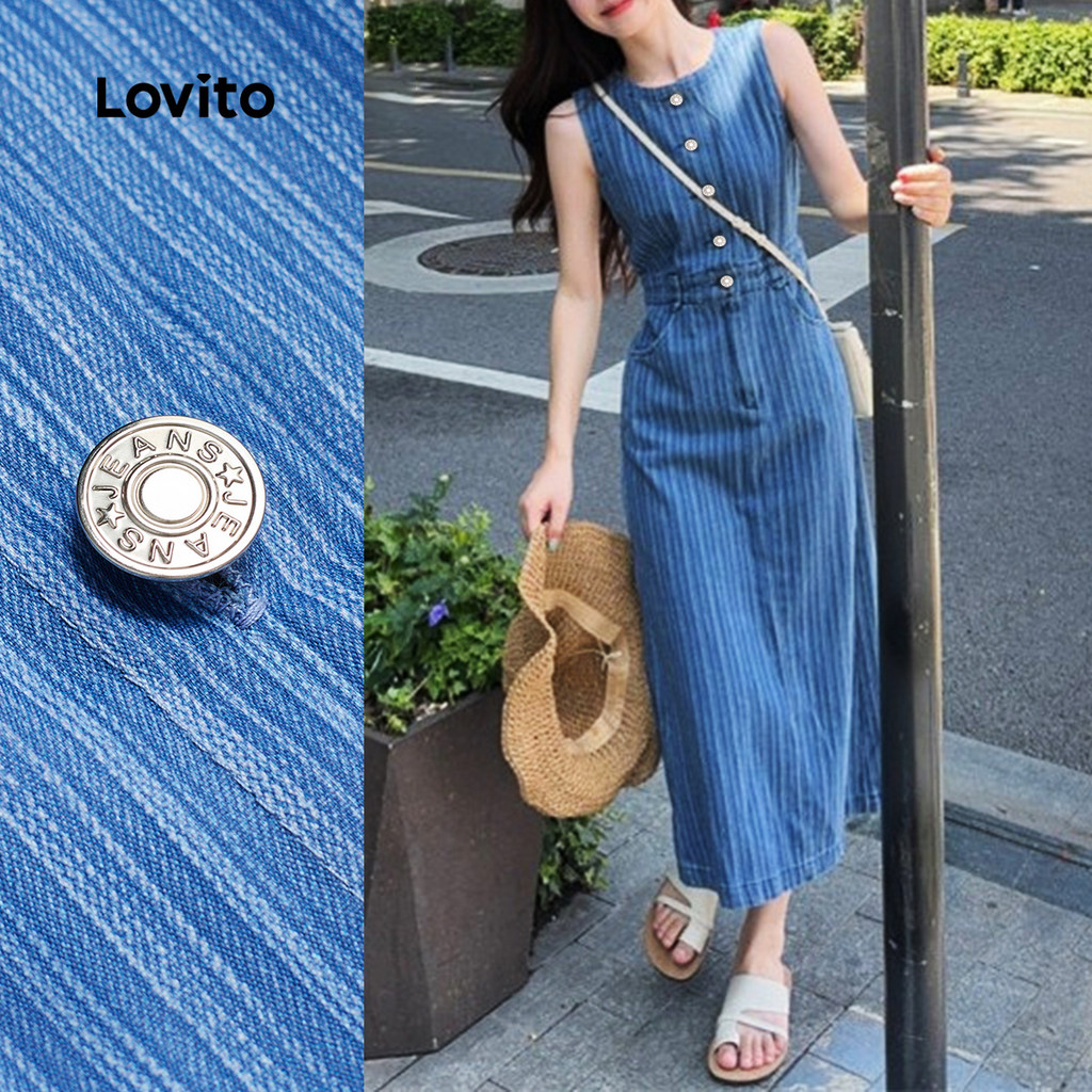 Lovito Vestido Elegante com Botão Primavera/verão Azul para Mulheres LBL31090