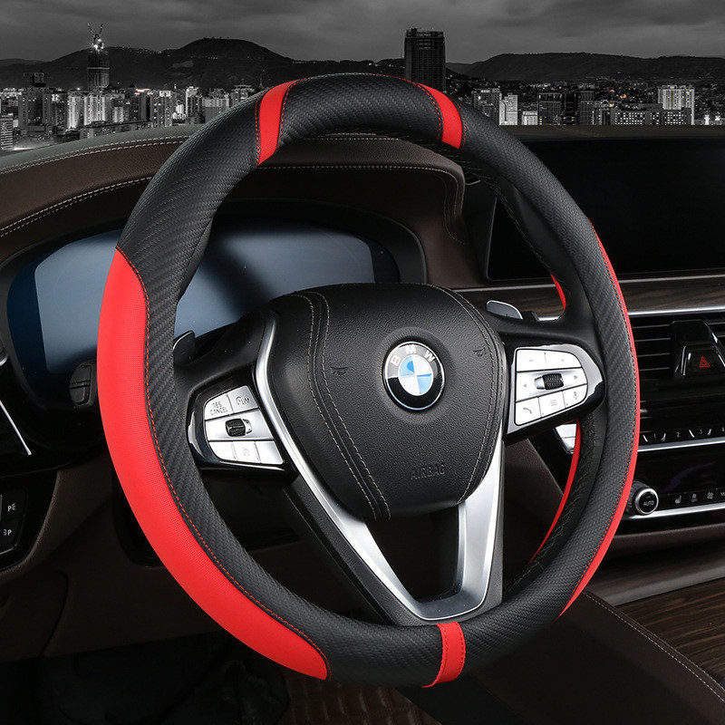 Novo carro de fibra carbono volante capa pele sentir couro antiderrapante respirável quatro estações Universal alça do c