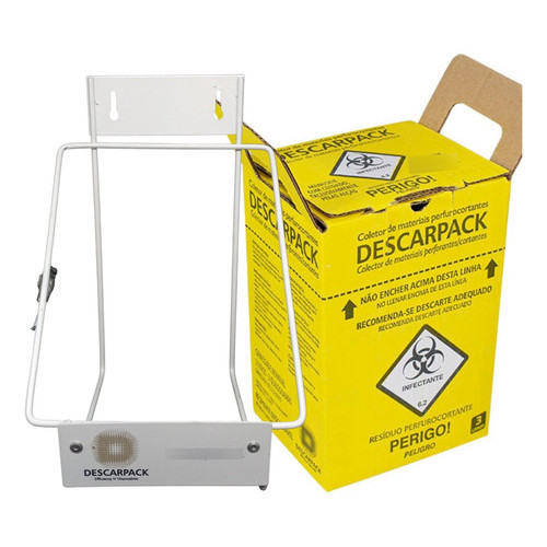 Kit Caixa Coletora Infectante + Suporte Parede 3L Descarte Seguro de Resíduos Perfurocortantes