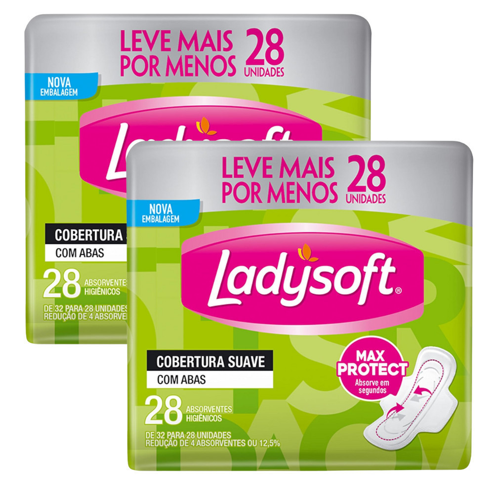 2 Pacotes de Absorvente Ladysoft Normal Suave 28un com Abas -Abas que garantem melhor fixação