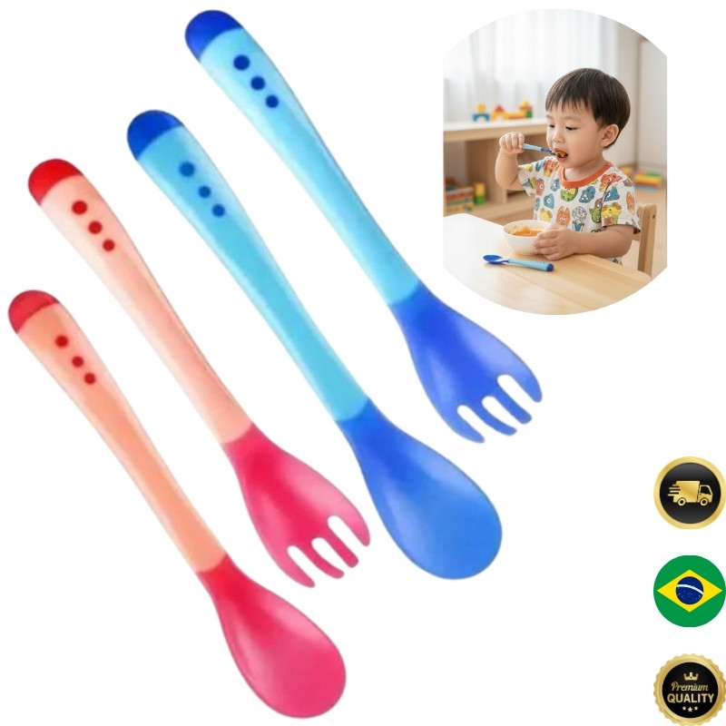 Kit Colher e Garfo Infantil de Silicone Termossensível – Segurança e Conforto para seu Bebê! em Oferta na Shopee