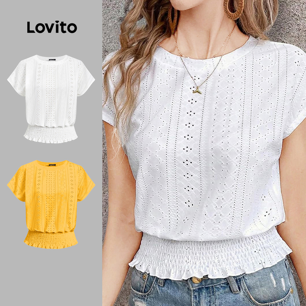 Lovito Camiseta Casual De Verão, Camiseta Lisa Com Babados Para Primavera E Verão Para Mulheres L120ED245 em Oferta na Shopee