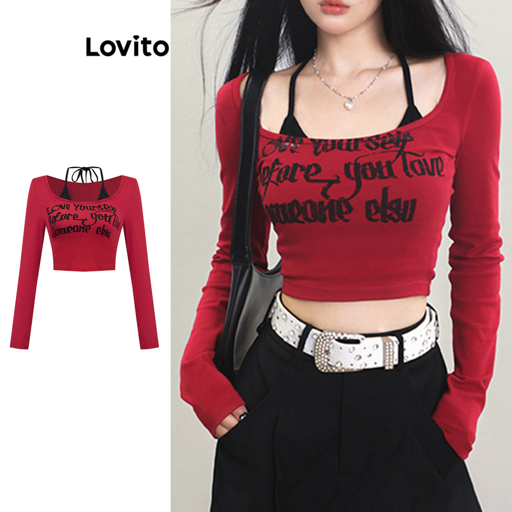 Lovito Camiseta Casual Feminina Com Estampa De Letras Modelo 2 Em 1 L102AD467 em Oferta na Shopee