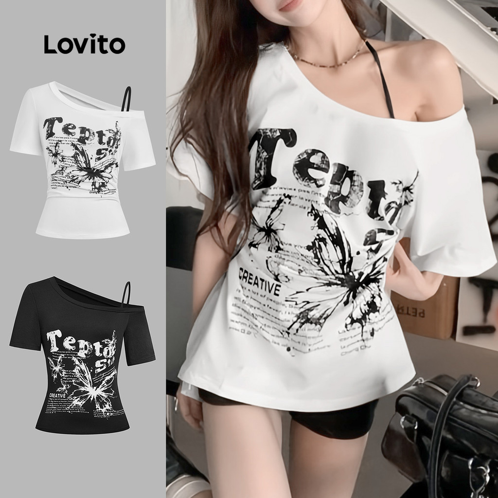 Lovito Casual Carta Falsa 2 Em 1 Padrão Ombro Frio Plissado Primavera/Verão Camiseta Branca Para Mulheres L136AD148 em Oferta na Shopee
