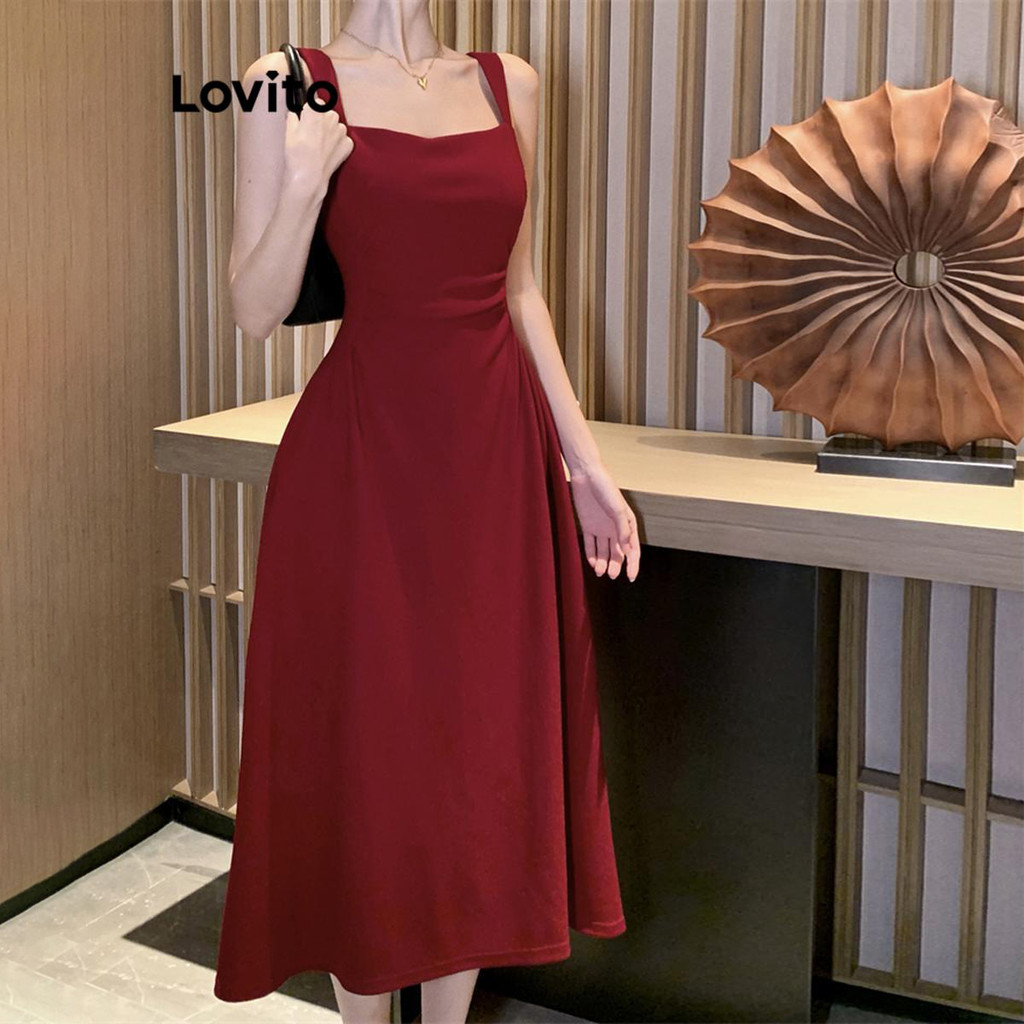 Lovito Vestido Casual Liso Com Pregas E Estrutura Em Linha Para Mulheres LNE55534 em Oferta na Shopee