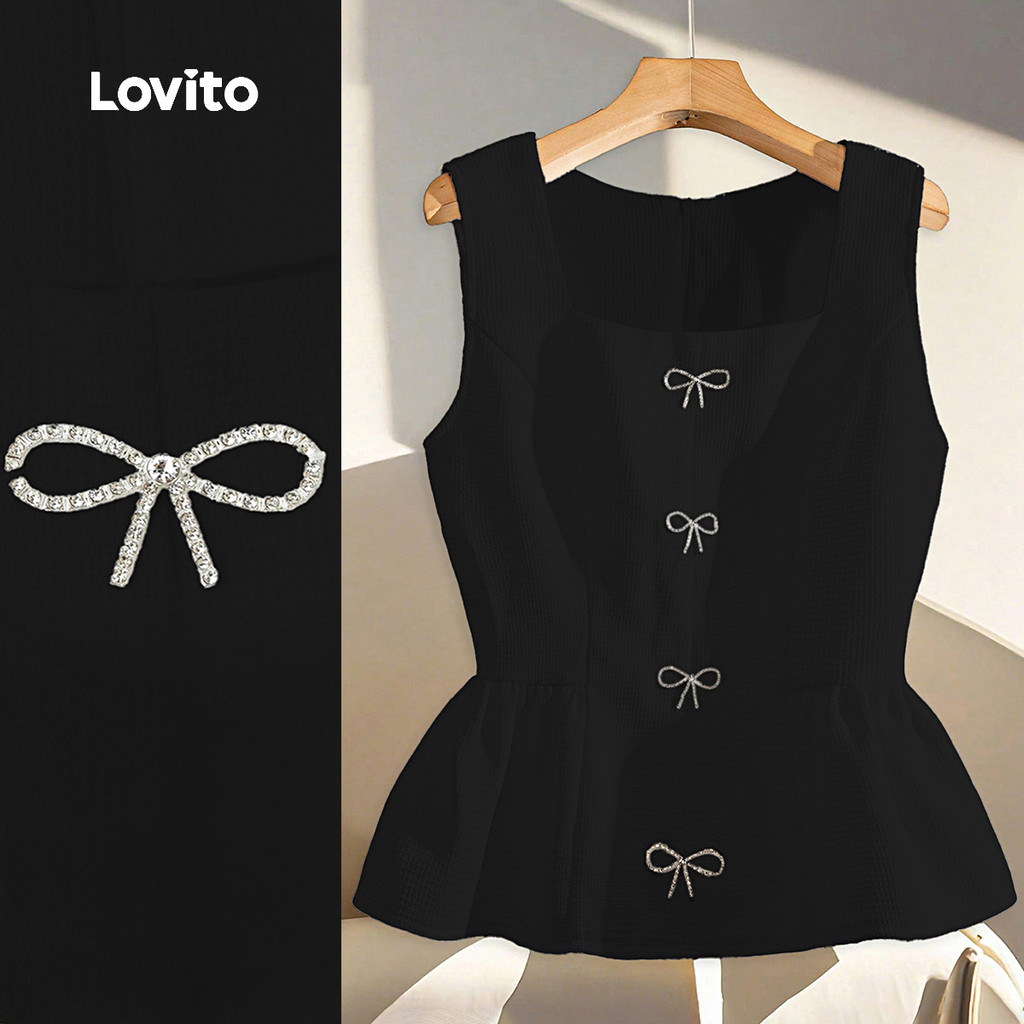 Lovito Casual Top Bow Primavera/verão Preto Top feminino LK2AD1102 em Oferta na Shopee