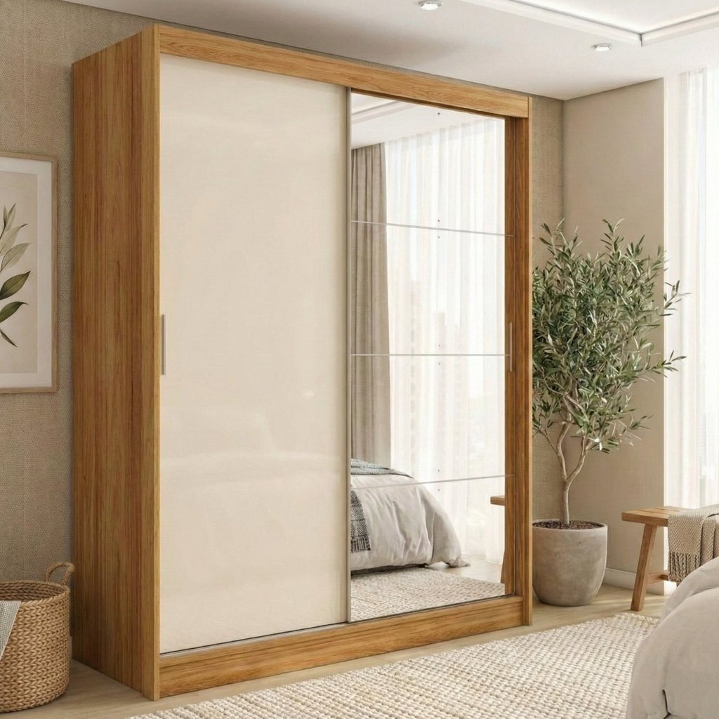 Guarda-roupa Solteiro com Espelho 2 Portas de Correr 4 Gavetas Cinamon/Off-White London Cinamon/Off White em Oferta na Shopee