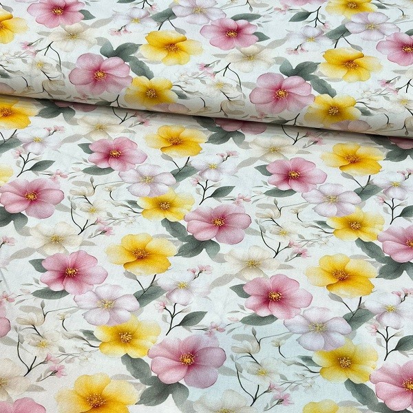 Tecido Tricoline  Digital Floral Amarelo e Rosa Fundo Branco