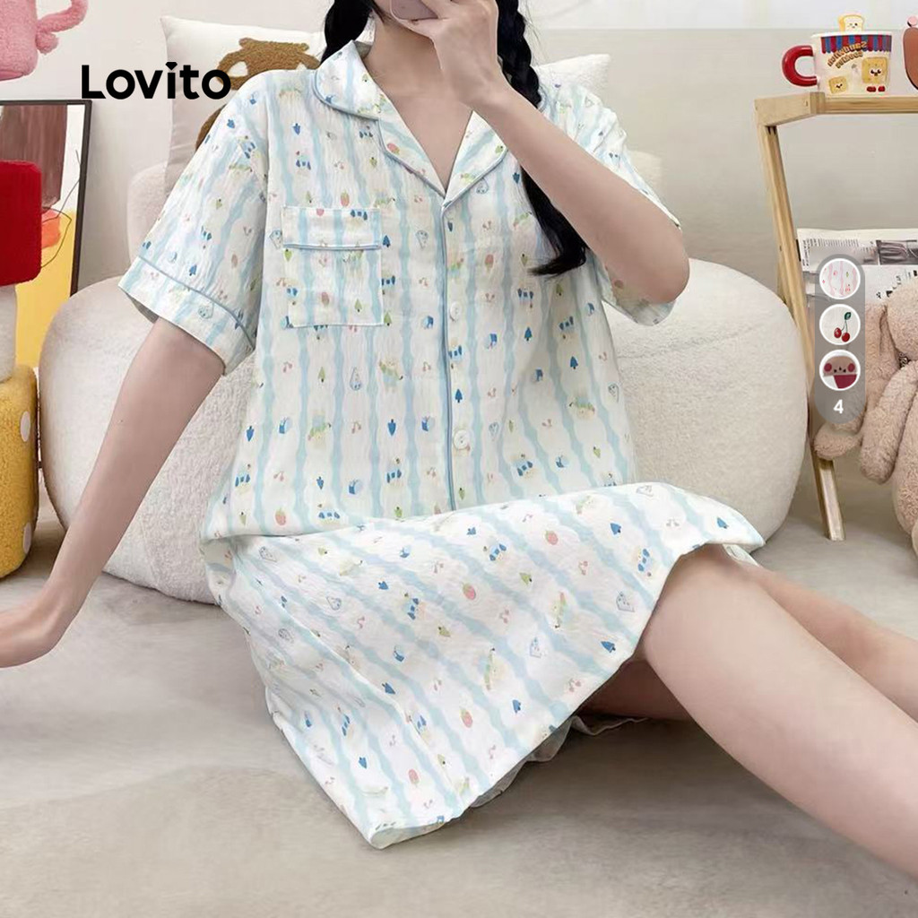 Lovito Robe Desenho Animado Botões Azul Claro Primavera/Verão Mulheres LNE130030 em Oferta na Shopee