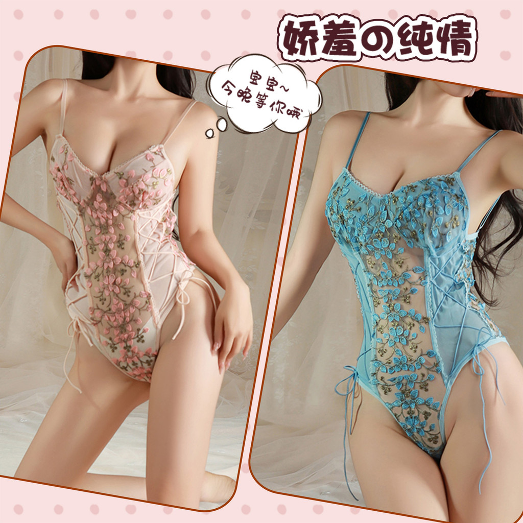 Body de renda com decote em V profundo e bordados, costas abertas, padrão floral vintage francês, alças sensuais e painé