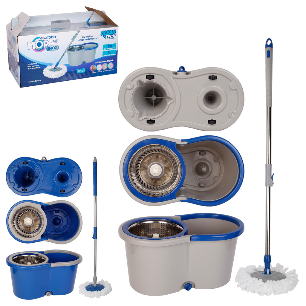 Mop Rodo Giratório 360° Balde Cesto Inox 8L 140cm Com Alça Lava Seca Limpeza Centrifuga Microfibra
