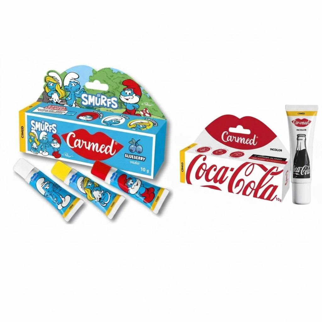 Duplinha de Hidratante Labial Carmed  Smurf + Coca Cola Incolor
