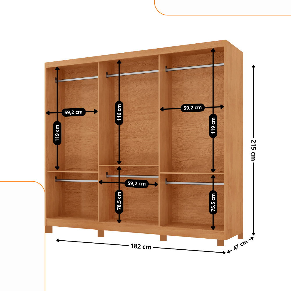 Detalhes do Guarda Roupa Casal Connor MDF 3 Portas 6 Cabideiros com Pés Moderna Mobília