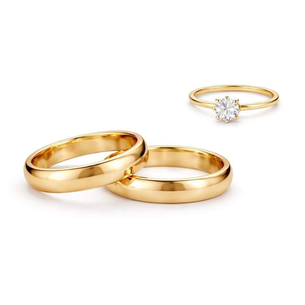 Par de Alianças Banhadas a Ouro 18K 6mm + Anel Solitário Feminino Noivado Casamento