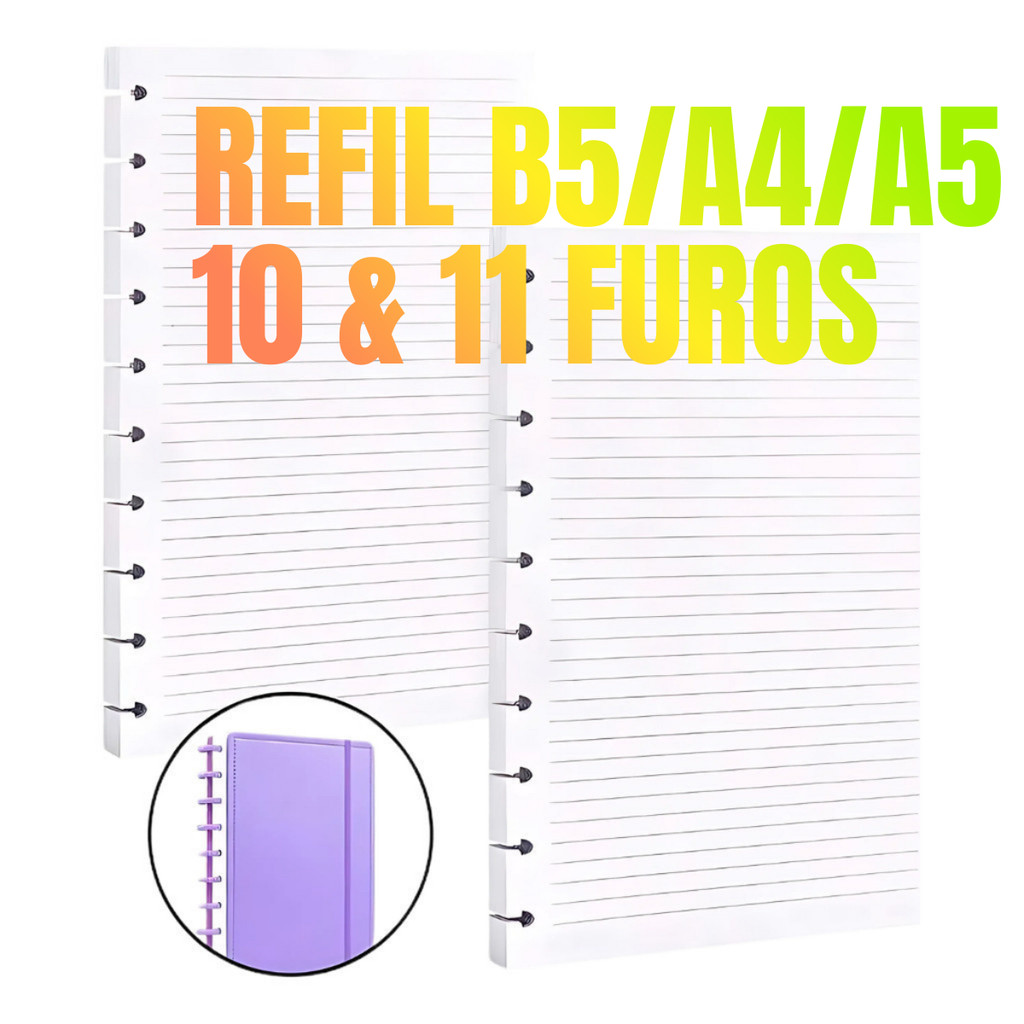 Kits A4/B5/A5 Refil de Folhas com 11 10 Furos de Discos Pautadas para Caderno Universitário Kits A4/B5/A5 Refil de Folhas com 11 10 Furos de Discos Pautadas para Caderno Universitário