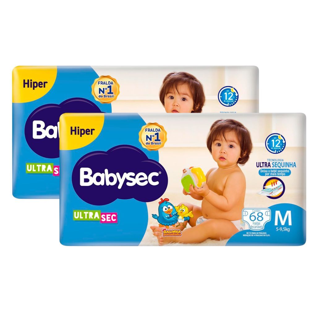 Kit 2 Fralda Babysec Ultrasec Hiper Tamanho M com 68 Unidades Descartáveis em Oferta na Shopee