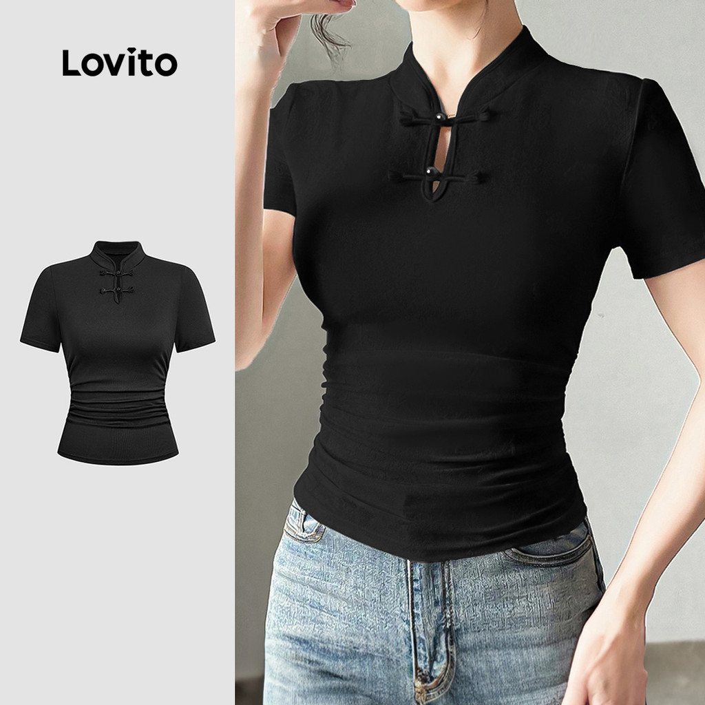 Lovito Camiseta Casual Para Todas As Estações Estilo Chinês Cheongsam Qipao Com Botões Preta Para Mulheres L171AD1150 em Oferta na Shopee