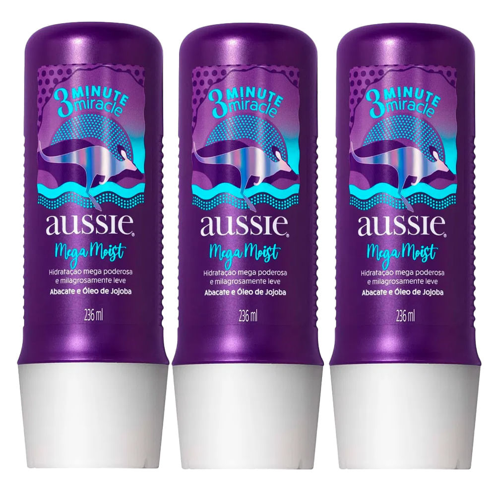 Kit 3 Máscaras Capilares De Tratamento Aussie 3 Minutos Mega Moist 236ml em Oferta na Shopee