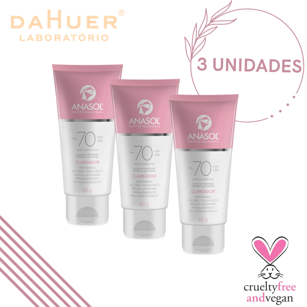 KIT PROTETOR SOLAR FACIAL ANASOL FPS70 CLAREADOR VEGANO 3UN