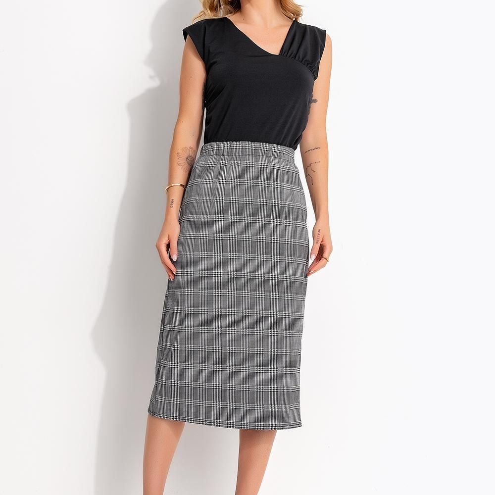 Saia Lápis Midi Xadrez Em Malha Jacquard Com Elástico No Cós Quintess