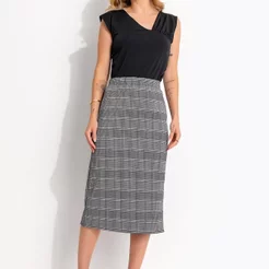 Saia Lápis Midi Xadrez Em Malha Jacquard Com Elástico No Cós Quintess