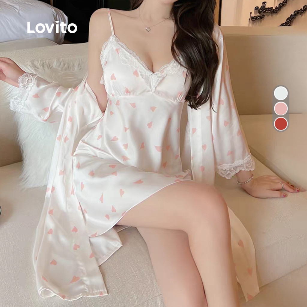 Lovito Conjunto de Batina Sexy 2 Peças Lace Batina Luxuosa Camisão de Duas Alças para Mulheres LNE126150 em Oferta na Shopee