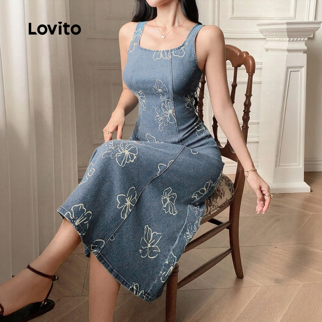 Lovito Vestido Floral de Jeans Elegante Feminino Primavera/Verão Azul LK2LD288