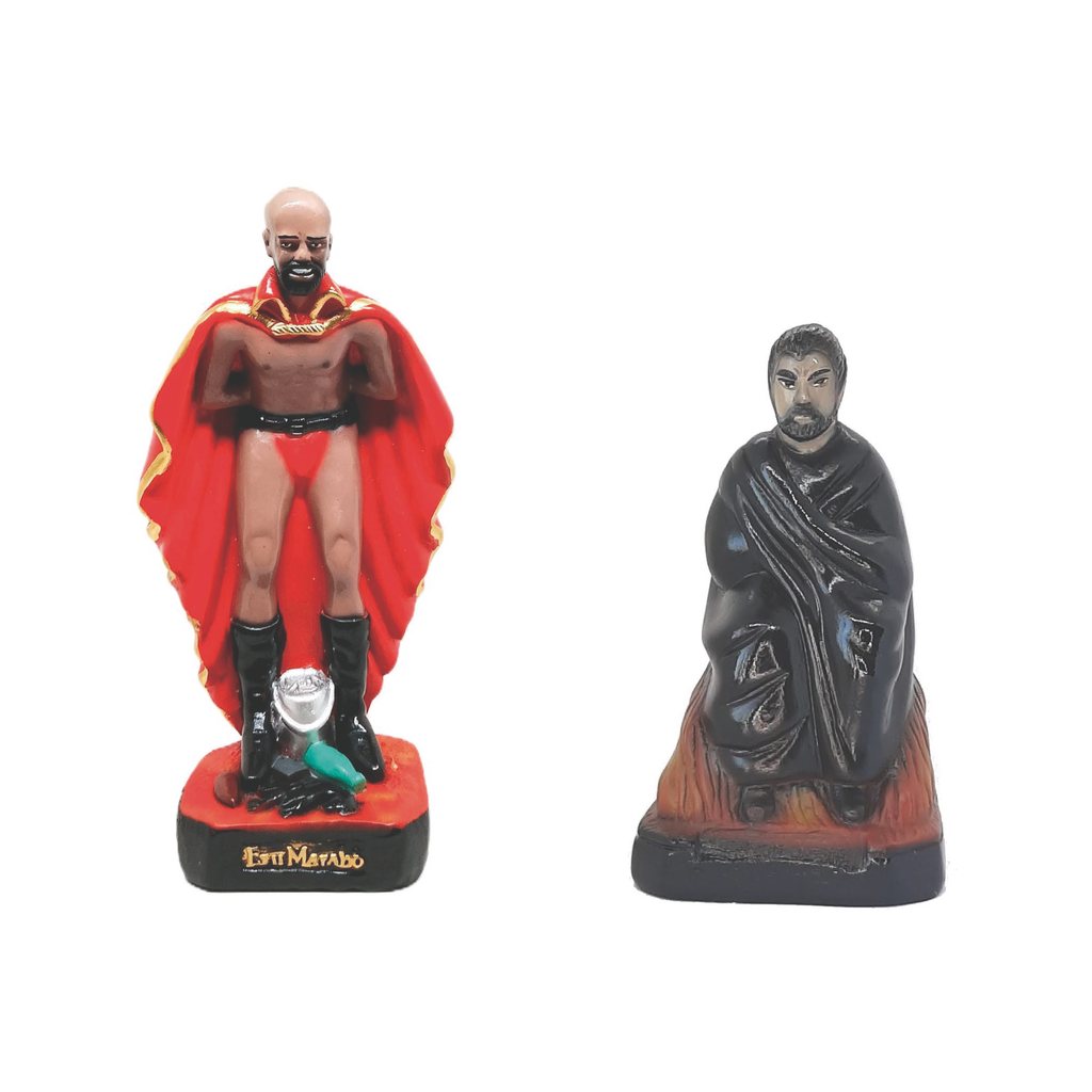 Escultura Estatueta Imagem Estátua Exu Marabô E Exu Capa Preta Sentado Umbanda Candomblé Altar Congá