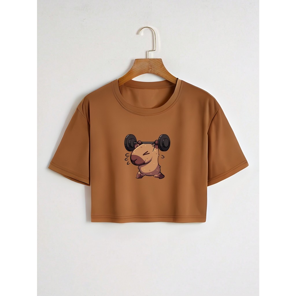 Camiseta Cropped de Algodão Para Treinar com Estilo Capivara Puxando Peso