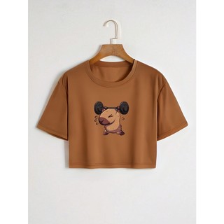 Camiseta Cropped de Algodão Para Treinar com Estilo Capivara Puxando Peso