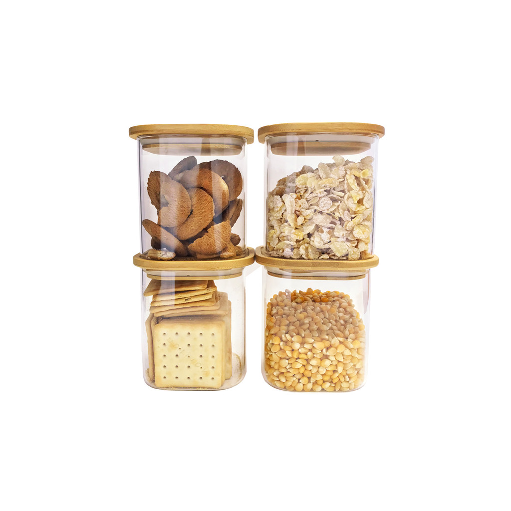Kit 4 Potes De Vidro P/ Mantimentos 800ml C/ Tampa Bambu em Oferta na Shopee