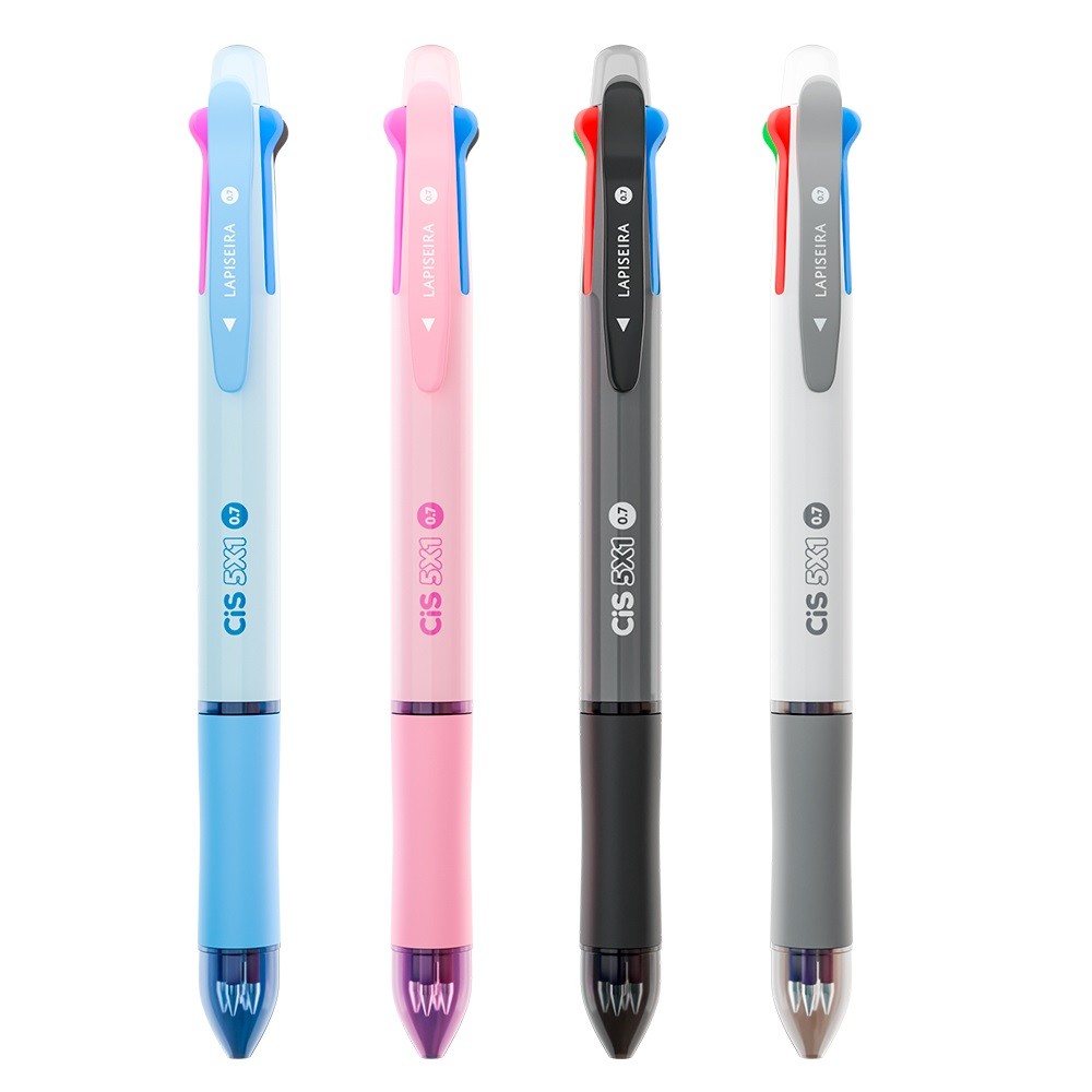 Caneta esferográfica 5 em 1 CIS 4 Caneta + 1 Lapiseira, Grip Emborrachado, Borracha no Topo