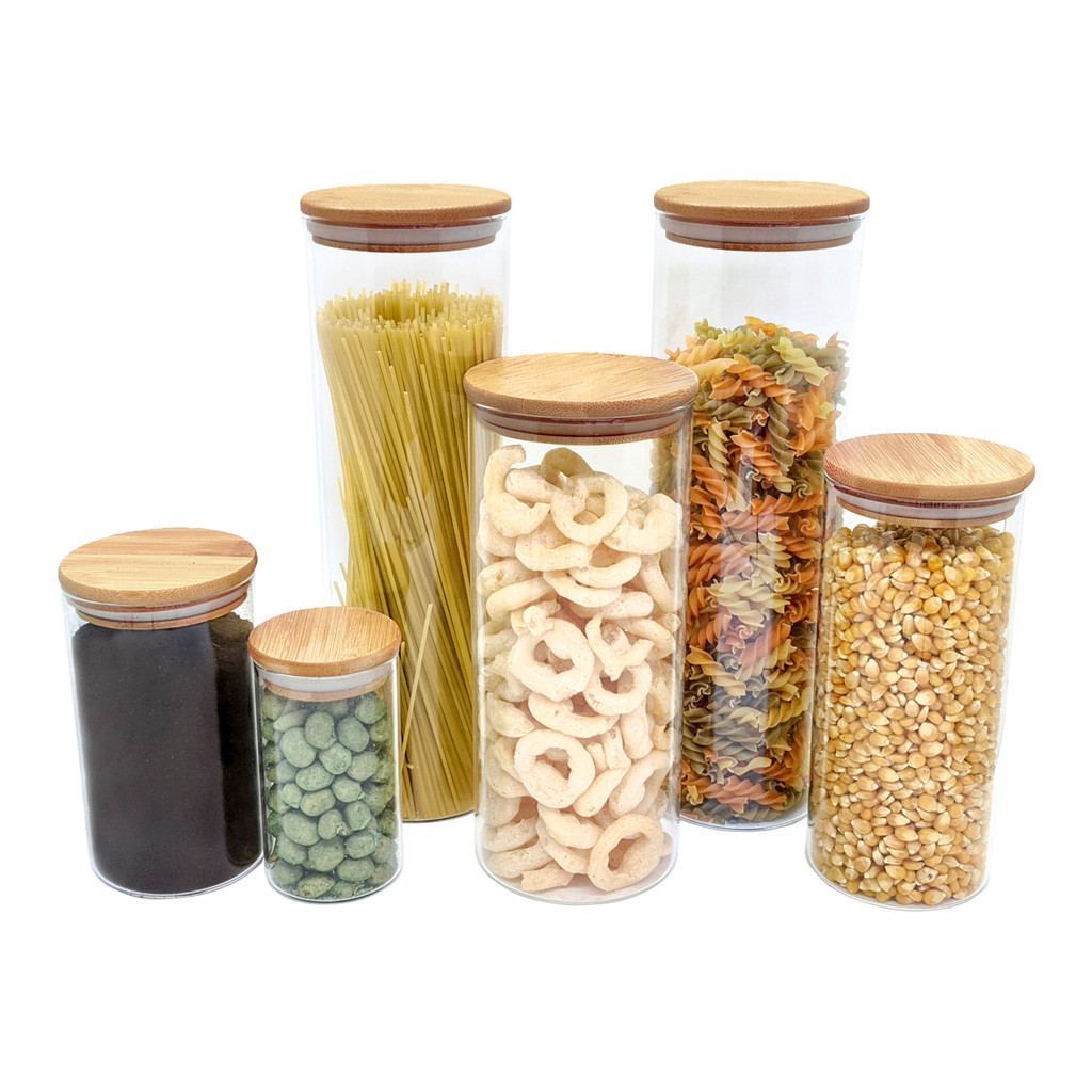 Potes de Vidro P/ Mantimentos C/ Tampa Bambu Oikos - 6 Pçs