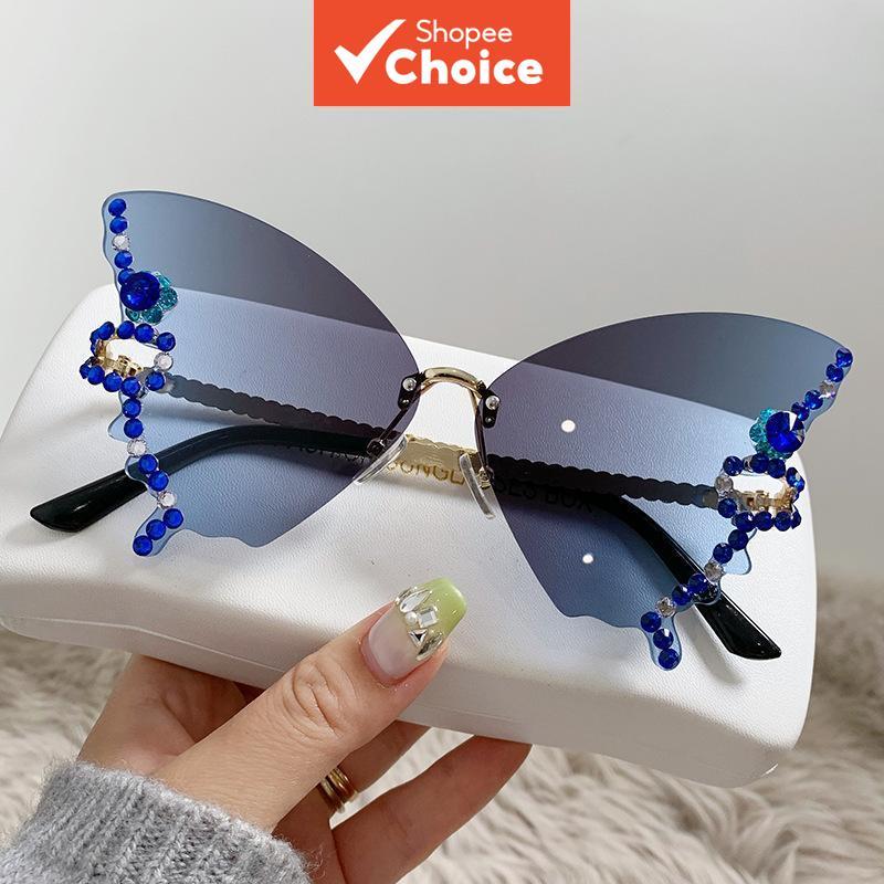Óculos De Sol Borboleta Feminino Strass Sem Moldura Moda UV400 Declaração Moderna Vogue