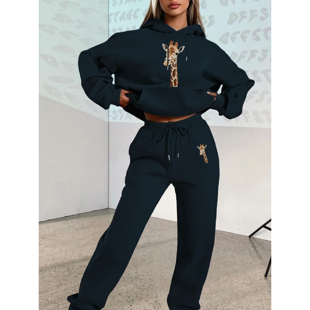 Novo Conjunto de Outono/Inverno 2025, Estampa Girafa com Casuais – Moletom Solto e Quente Manga Longa, Calça