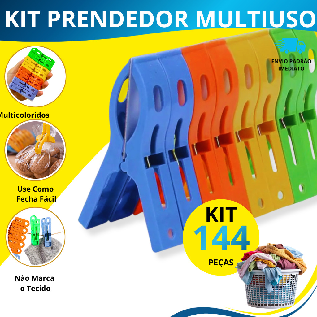 Kit 144 Prendedor De Roupa Colorido Multiuso Para Lavanderia Varal e Fecho De Alimentos