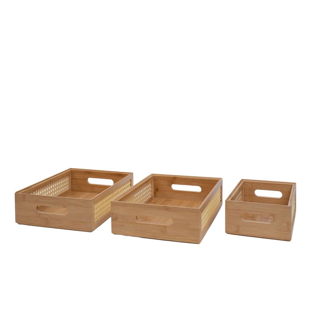 Kit 3 Caixas Organizadoras Empilháveis de Bambu E Palhinha 2 de 32cm E 1 de 24cm - Oikos em Oferta na Shopee