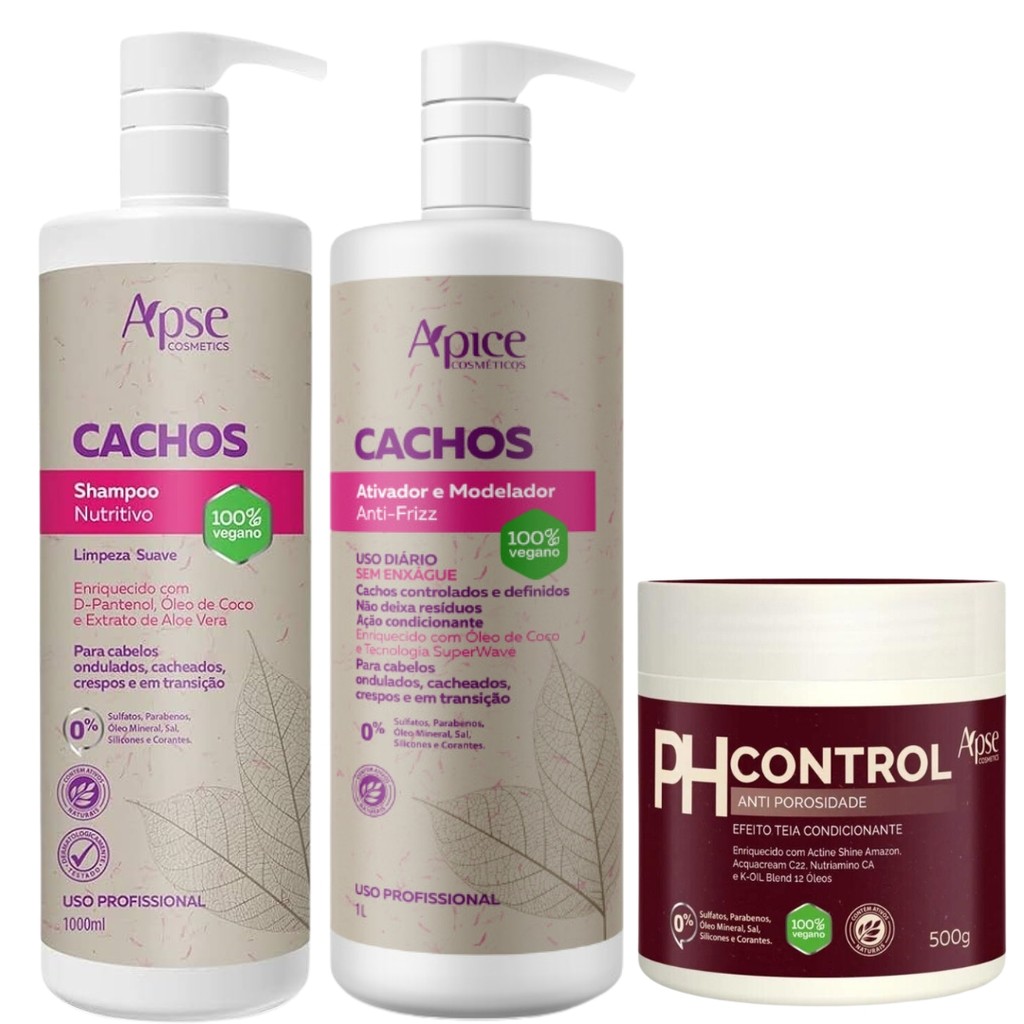 Kit Apice Cachos Shampoo + Ativador De Cachos + pH Control Tratamento Capilar Cacheado Vegano Grande