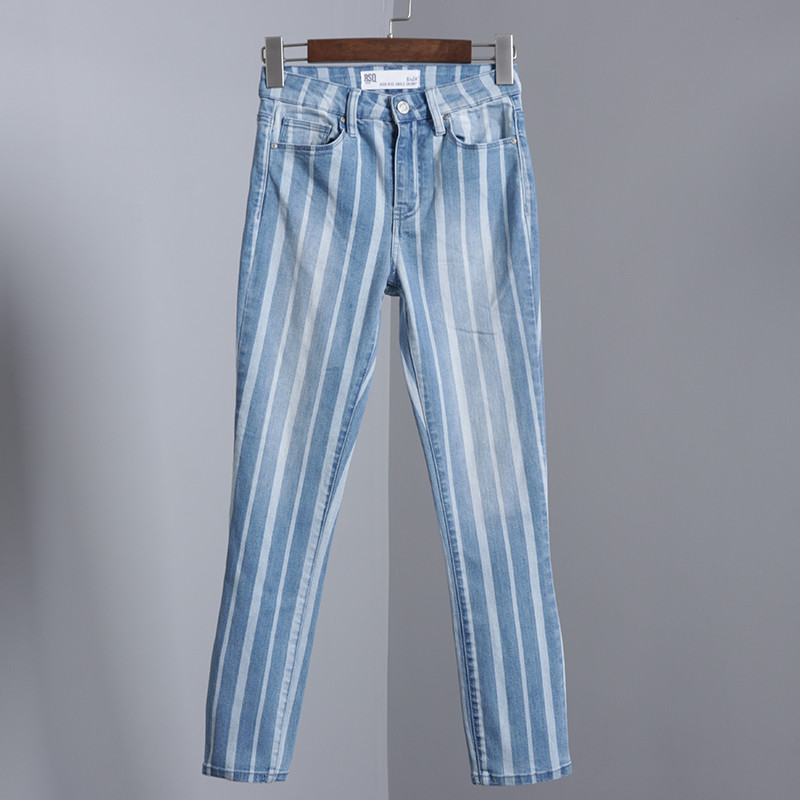 Azul branco listrado Jeans feminino listras verticais primavera outono comércio exterior pedido Original calças magras c