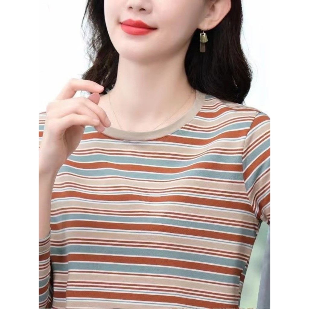 Estilo ocidental em torno do pescoço mãe usar listrado manga comprida camiseta feminina 2026 primavera outono camisa de 