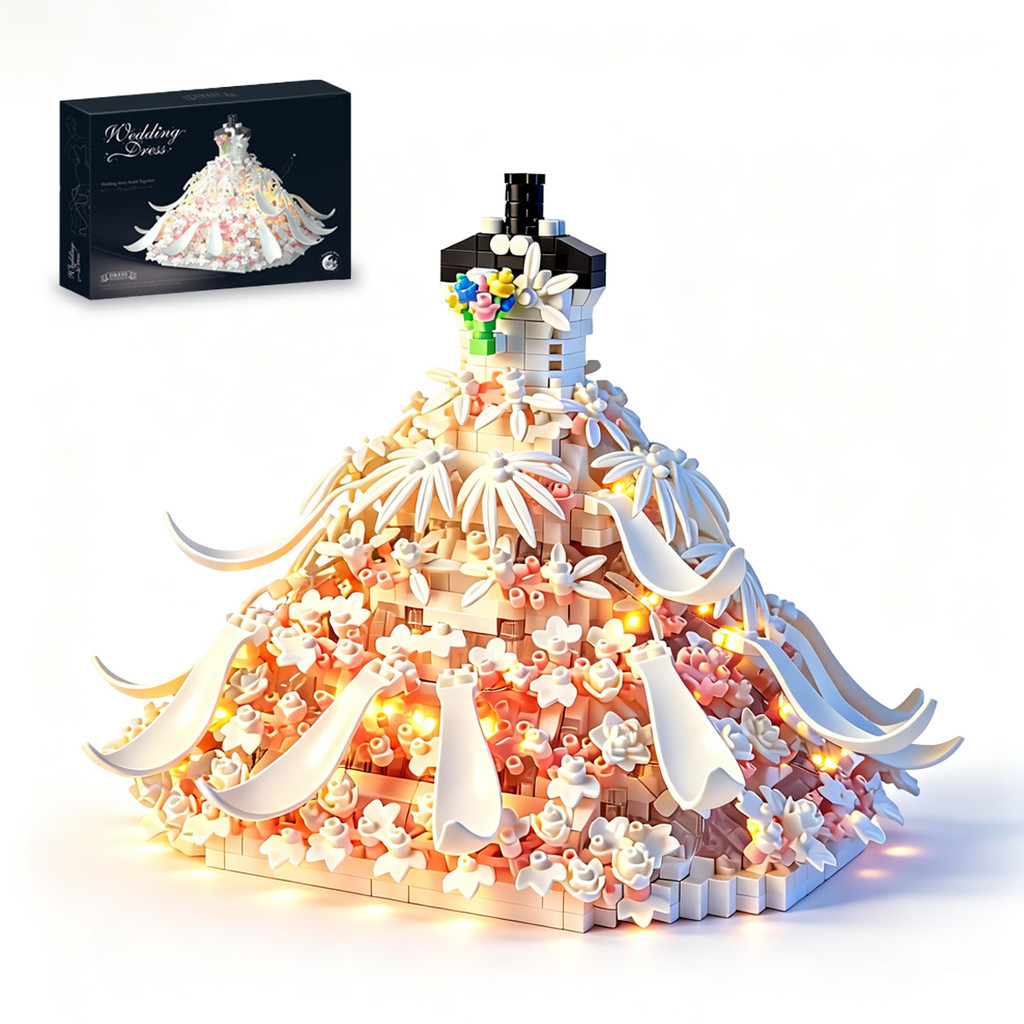 Conjunto Blocos DIY Vestido de Noiva Branco 1500 Peças com Iluminação