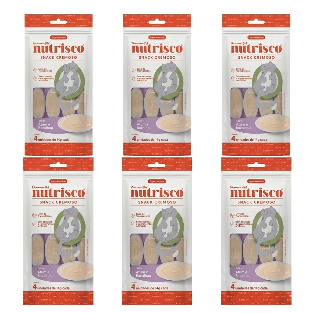 Kit Petisco Gatos Snack Cremoso Nutrisco Atum e Bacalhau 56g C/6 Unidades