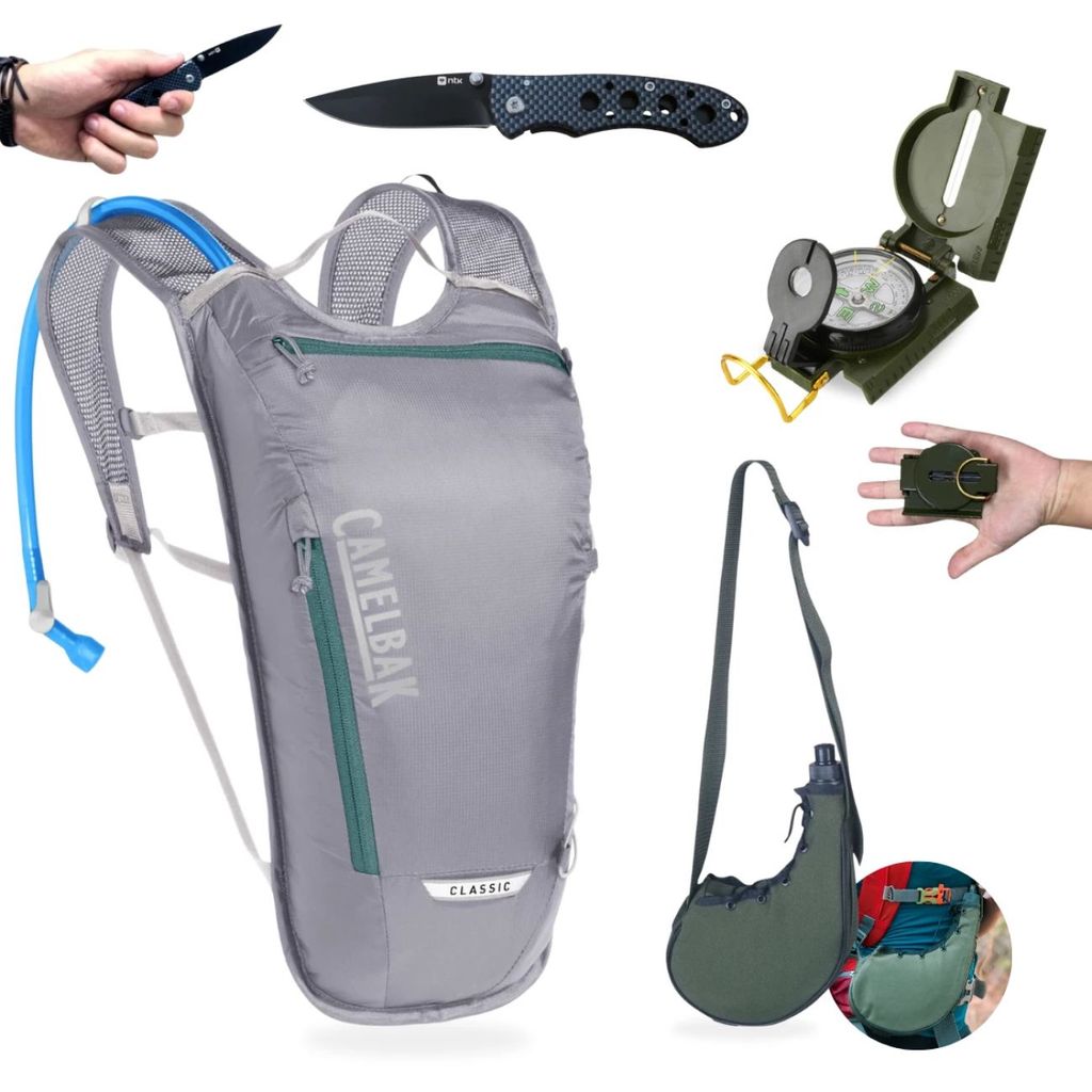 Kit Camping Trilha com Bússola Alumínio + Canivete + Mochila Camelbak + Cantil Mohave 750ml