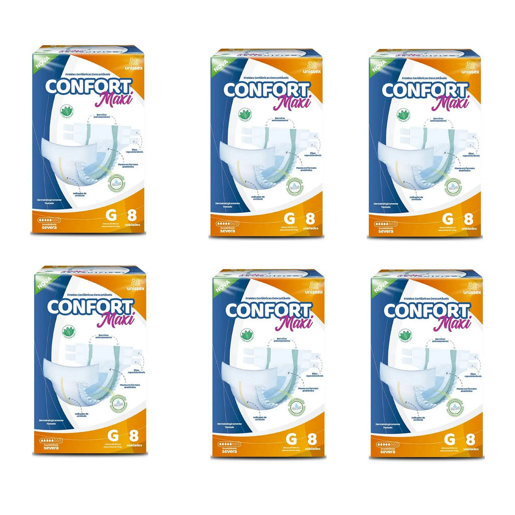 Kit 6 Pacotes de Fraldas Geriátricas Confort Maxi G – Alta Absorção para Incontinência (total 48 fraldas)