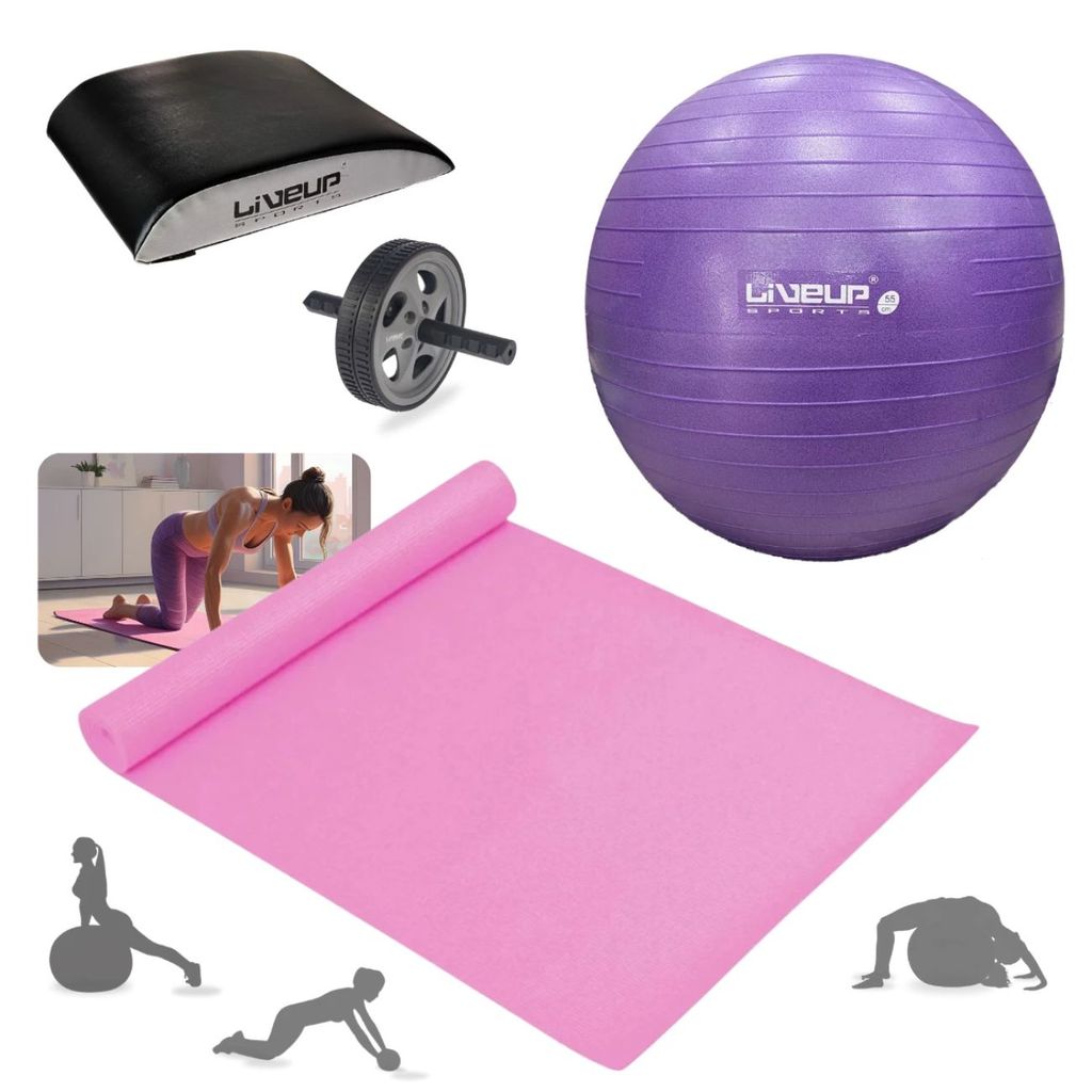 Bola Suiça Premium Anti Estouro 55cm + Inflador + Almofada Apoio Abmat + Colchonete e Roda Abdominal