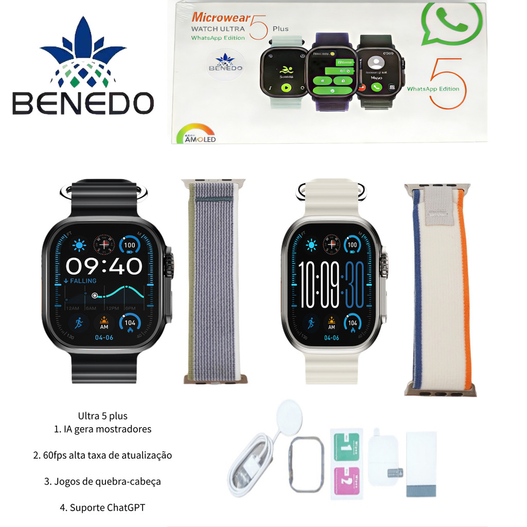 Smartwatch Microwear U5 Plus de 49mm com caixa, duas pulseiras, carregador magnético e acessórios