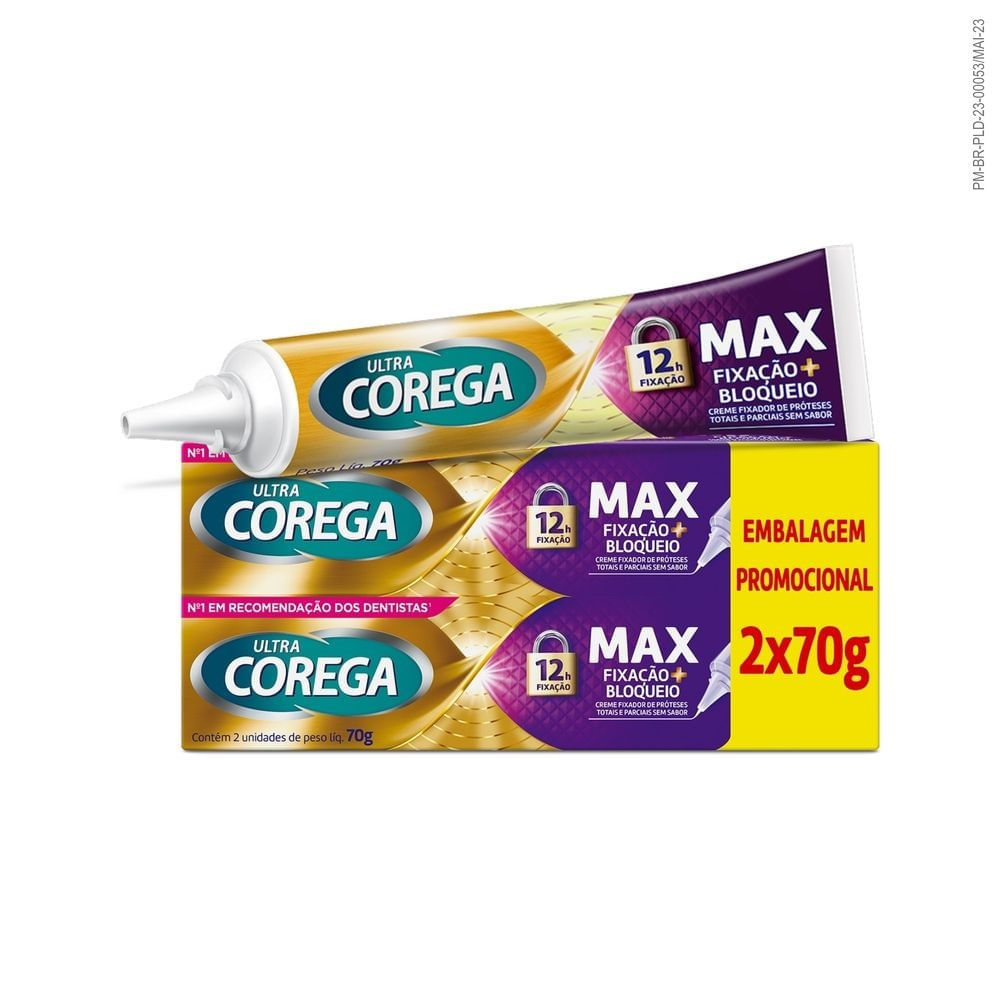 Kit Creme Fixador de Dentadura Ultra Corega Max Fixação + Bloqueio Sem Sabor 2 unidades 70g cada