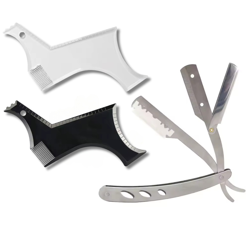 Pente Barba Homem Régua Modelador Alinhador + Navalha Aço Inox Profissional